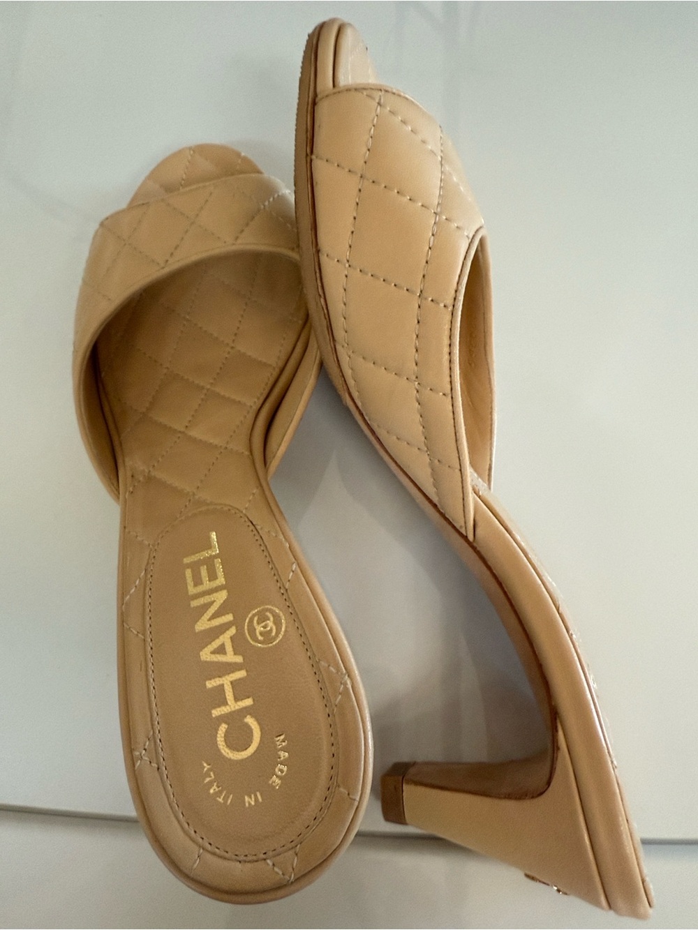 CHANEL Beige Quilted Open-Toe Slip-On Heels